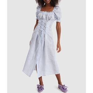 SLEEPER Marquise 100% Linen Midi Dress Gingham Lace Up Puff Sleeve Cottagecore